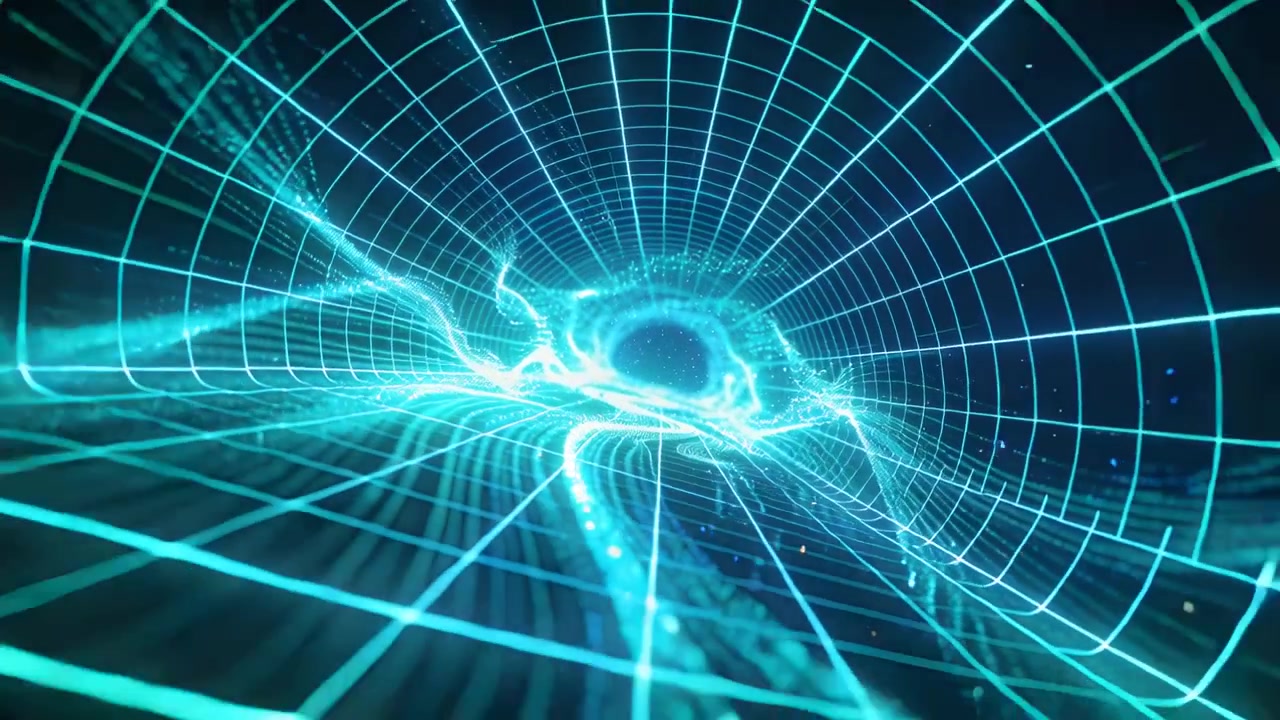 Rising energy ribbons pulling glowing wireframe grid into tunnel, creating central dark void