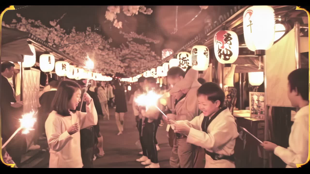 Night Market in Japan with Cherry Blossoms