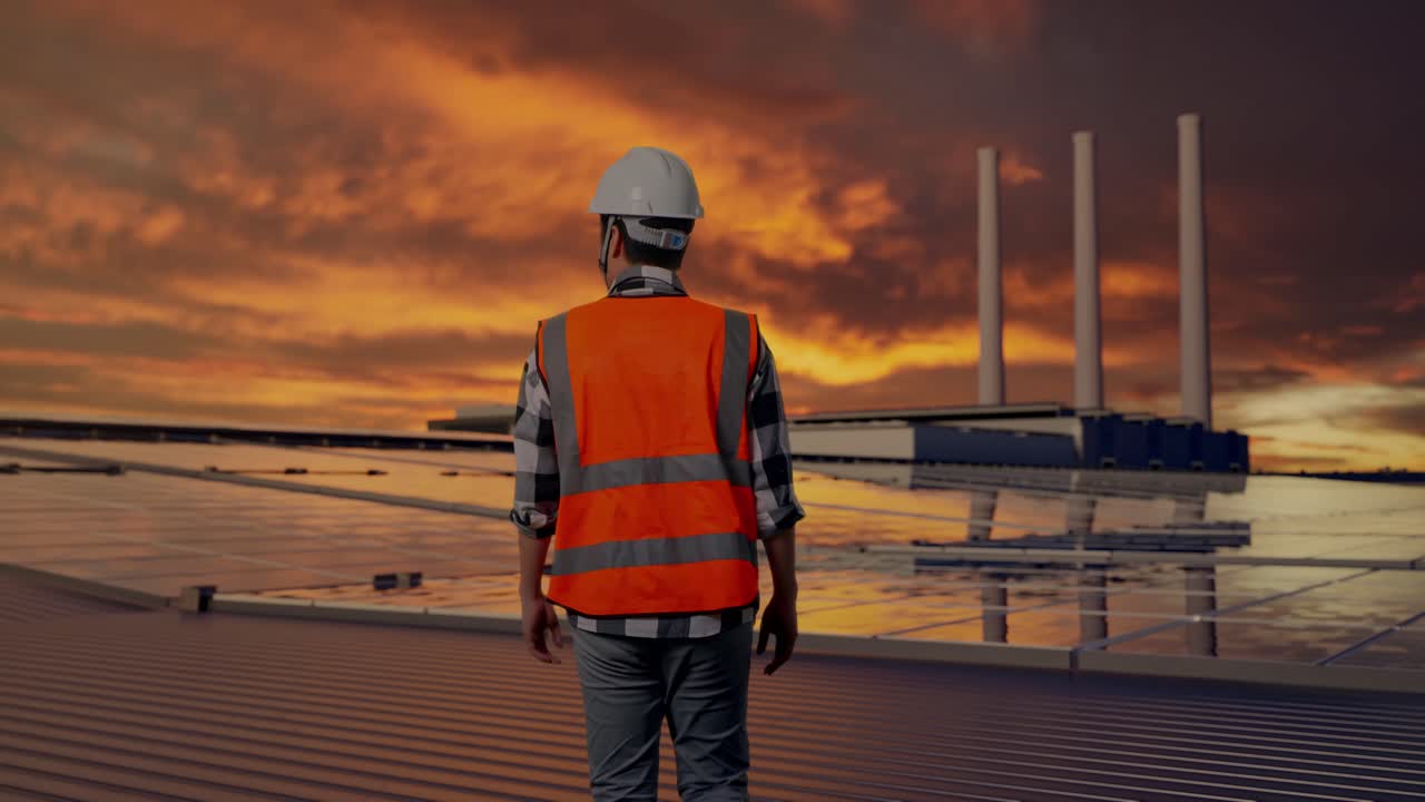 Back of Asian Male Engineer Walking and Inspecting Solar Panels on Rooftop at Sunset