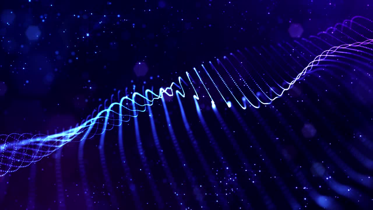 보케와 빛 효과가 있는 4k 루프 과학 소설 입자 배경: 빛나는 파란색 입자가 선, 표면, 미세 세계 또는 공간과 같은 부드러운 움직임으로 복잡한 구조를 형성합니다.