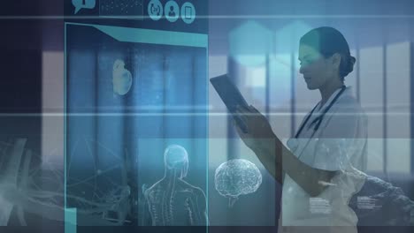 animación de datos biológicos en pantalla digital sobre una doctora caucásica