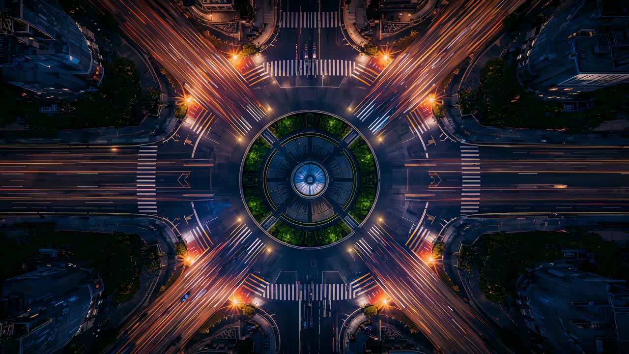 Circulating vehicles forming light streaks around city roundabout after nightfall, showing monument