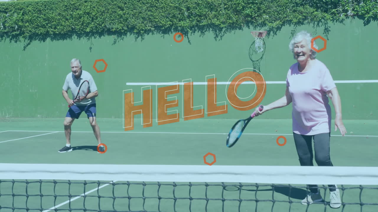 Man and woman playing tennis on court, with orange graphics overlaying scene for health campaign
