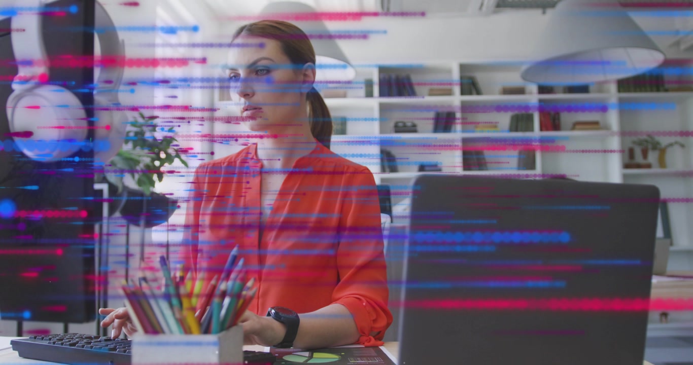 female worker typing with glitch flickering monitors and lightning illustrating system resilience