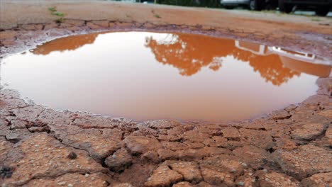 un camino de arcilla, con grietas y un charco