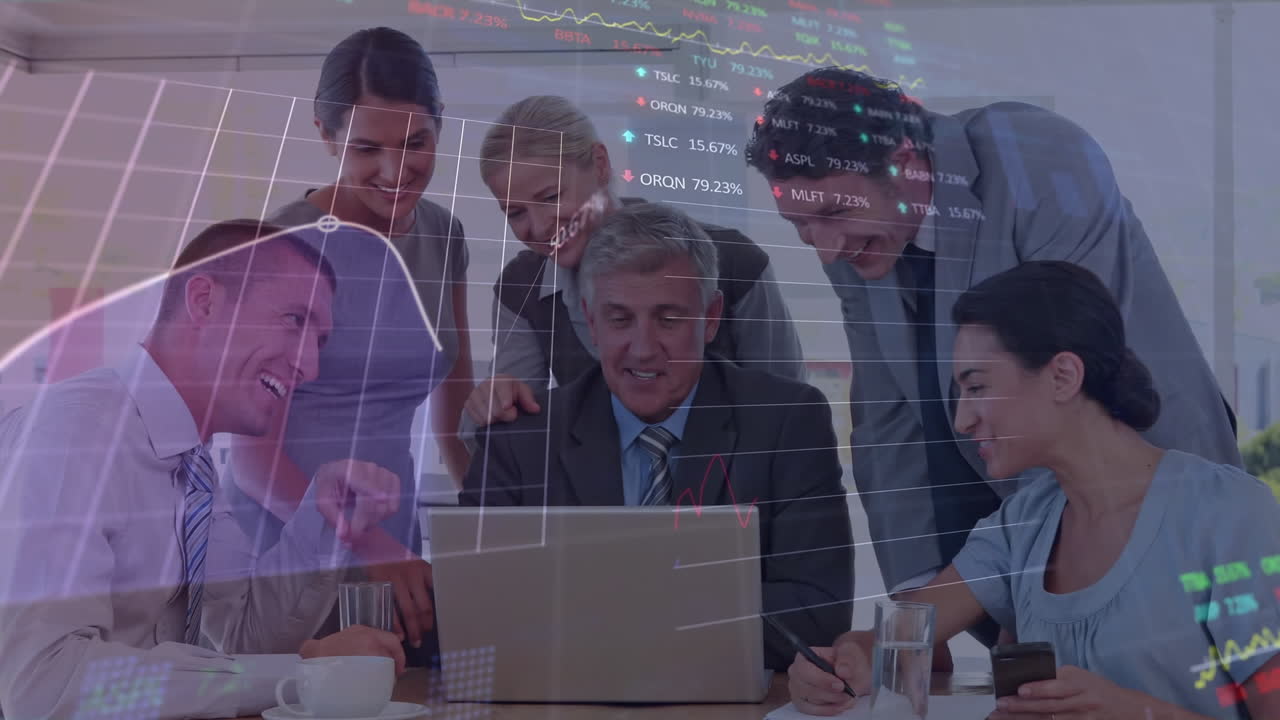 Animation of financial data processing over diverse business people in office