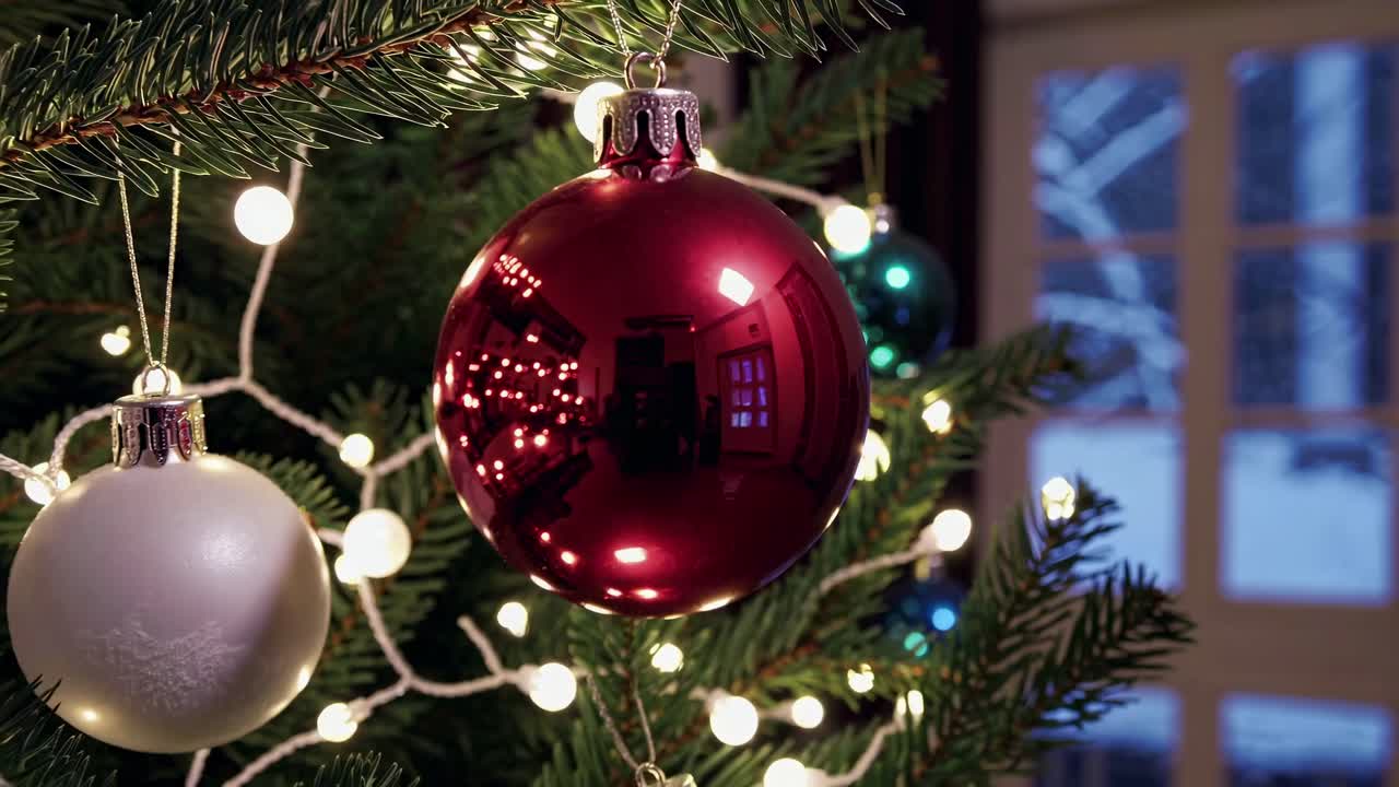 Close-up video shot of a Christmas tree ornament reflecting warm indoor lights, with a cozy room