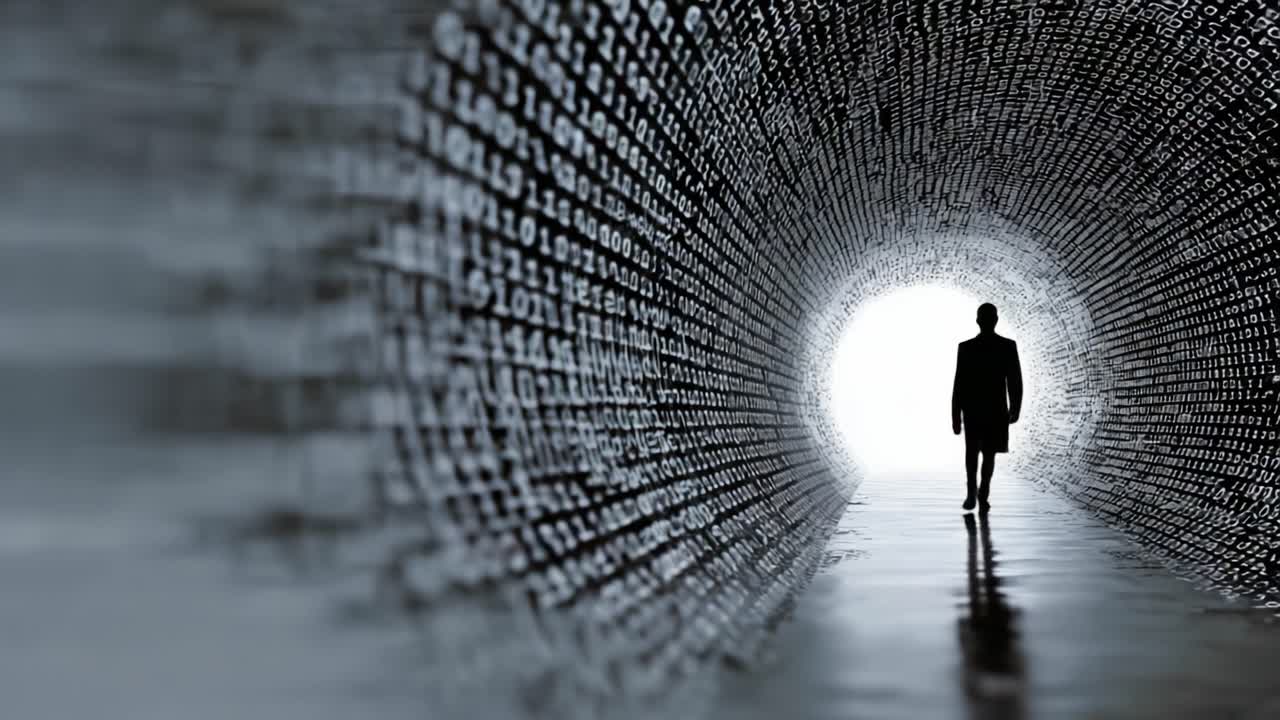 A solitary figure walks toward a distant light in a dark tunnel filled with streams of binary code, symbolizing the journey through technology and data