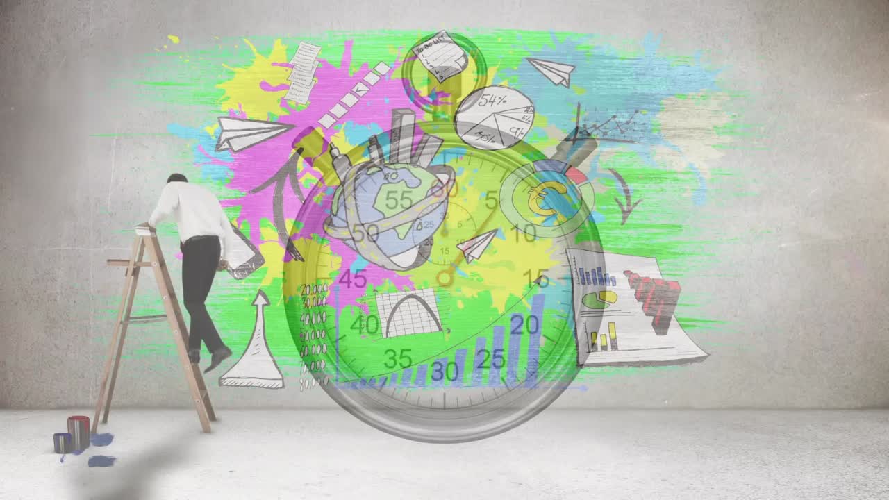 animación de estadísticas con un hombre de negocios en una escalera y un cronómetro