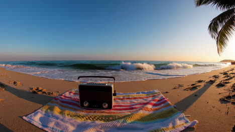 retro radio on a beach picnic blanket at sunrise/sunset