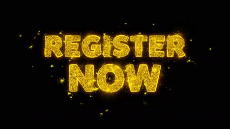 register now - sparkling gold text