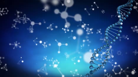 Animation-Mehrerer-Moleküle-Und-Chemischer-Elemente-Und-DNA-Stamm,-Die-Auf-Blauem-Hintergrund-Schweben