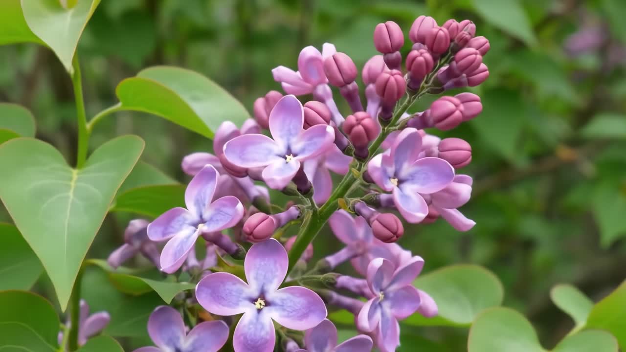 Witness the stunning transformation of lilacs as they bloom in a serene garden. The delicate pink buds unfold against lush green foliage, creating a picturesque springtime scene.
