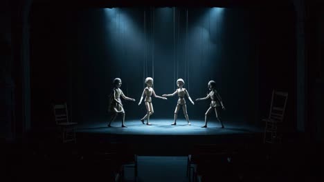 a captivating performative display of puppetry: four articulated figures engaging on stage under dramatic lighting and shadowing effects in a theatrical setting