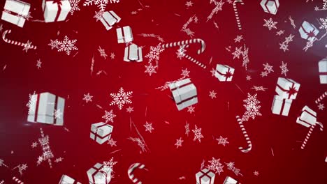 Schneeflocken,-Weihnachtsgeschenk-Und-Zuckerstangen-Symbole-Fallen-Vor-Rotem-Hintergrund