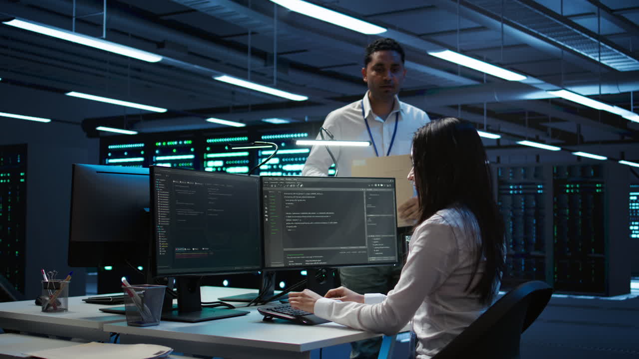 Teamworking colleagues in data center ensuring compliance with regulations