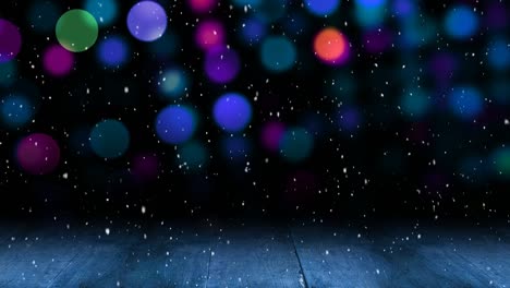 Animation-of-snow-falling-over-fairy-lights-and-wooden-surface