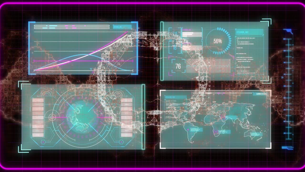 Animation of hud user interface with graphs, map, data, globe against human brain and dna helix