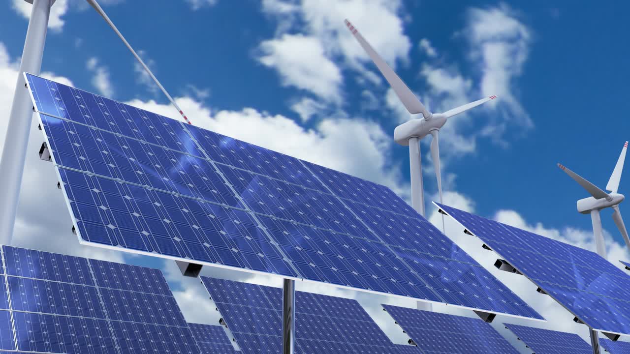 태양 패널과 풍력 터빈 발전기 스카이 라인 타임 스 루프