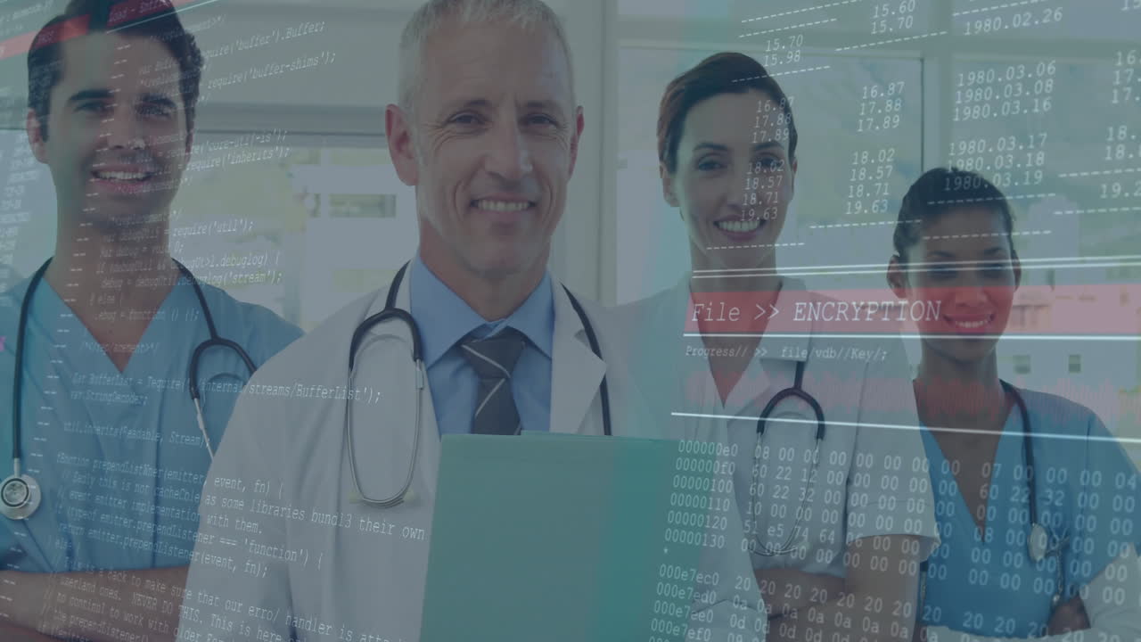 Medical team standing in hall, wearing stethoscopes and showing encryption code and binary overlays