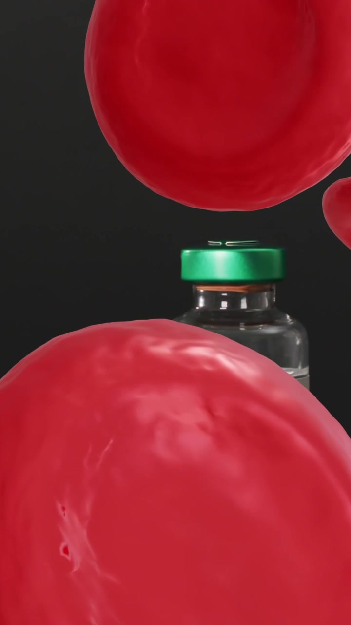 Animazione di cellule del corpo umano e farmaci con siringa su sfondo nero