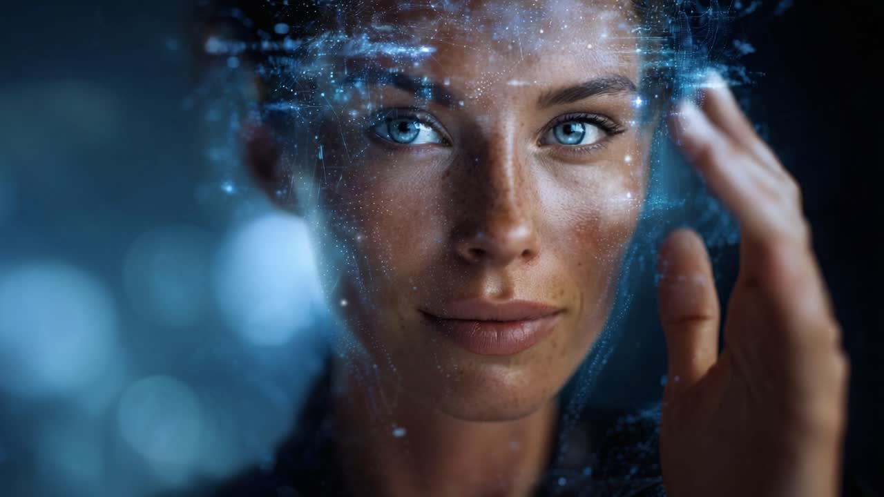 An Intriguing Portrait: A Young Woman's Face Merges with a Digital World, Capturing the Essence of Technology, Emotion, and Human Connection in a Dazzling, Futuristic Aesthetic