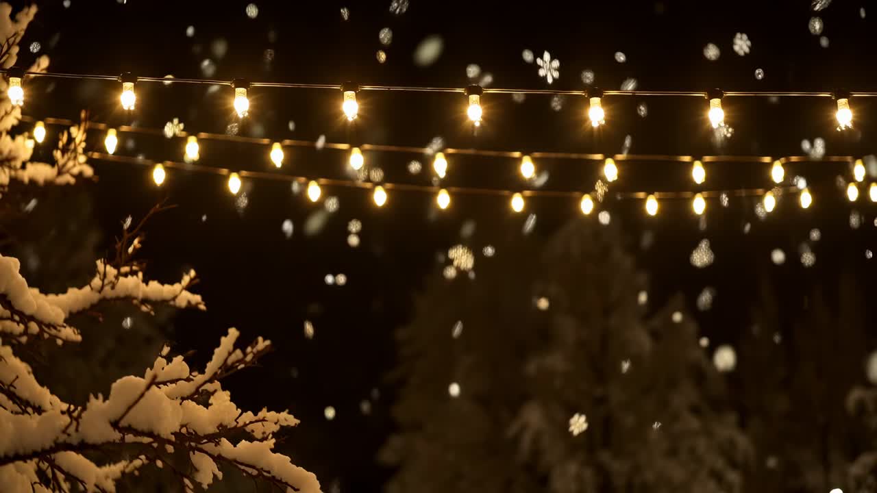Cam panning left snowy branch catching string lights glow, revealing clearing at night, copy space