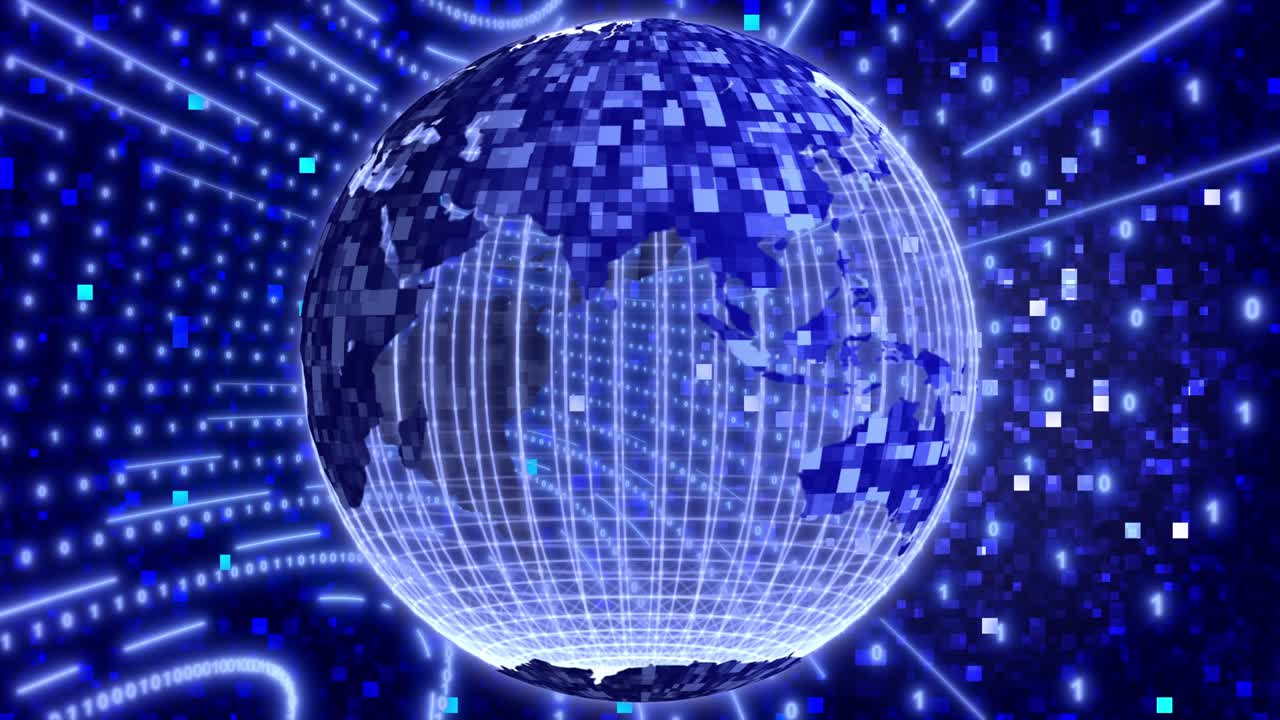 회전하는 행성 지구와 함께 네온 디지털 이진 배경. 네트워크, 디지털 이벤트에 대한 원활한 루프 4k 애니메이션