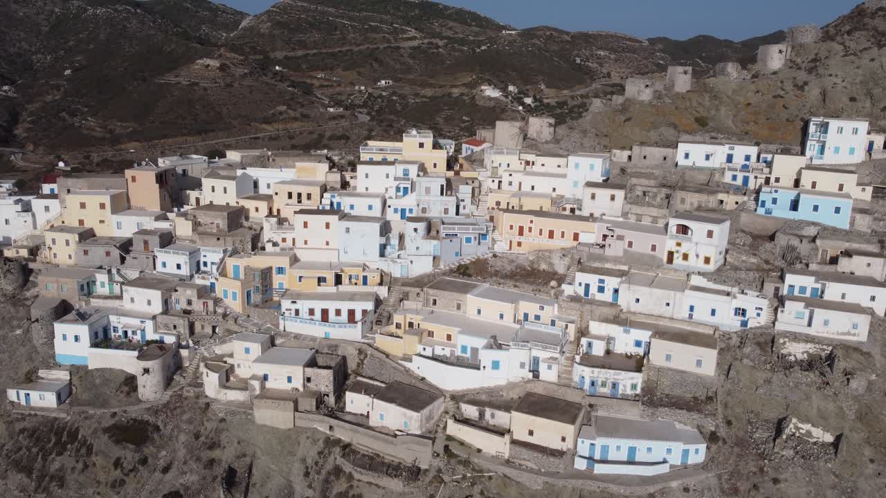 Ascending 4k Cinematic Aerial Video of Olympos Village, Karpathos: Colorful Houses and Mountain