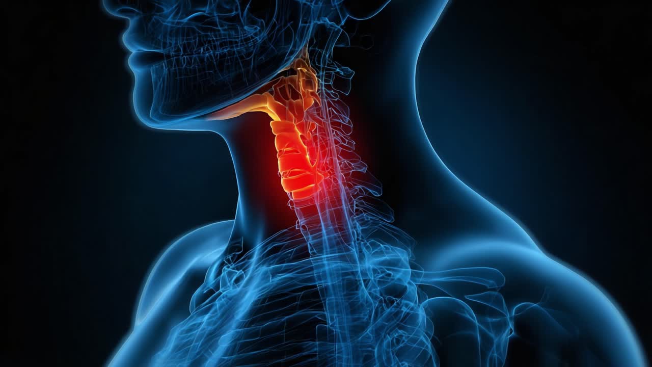 Visualizzazione anatomica del collo umano che evidenzia strutture critiche e aree di dolore con dettagli radiosi a scopo educativo.