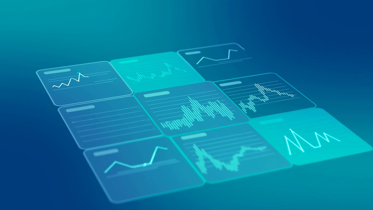 Oblique view of clustered translucent rounded data panels glowing in cyan over deep teal gradient, with floating chart lines, digital grid, and futuristic
