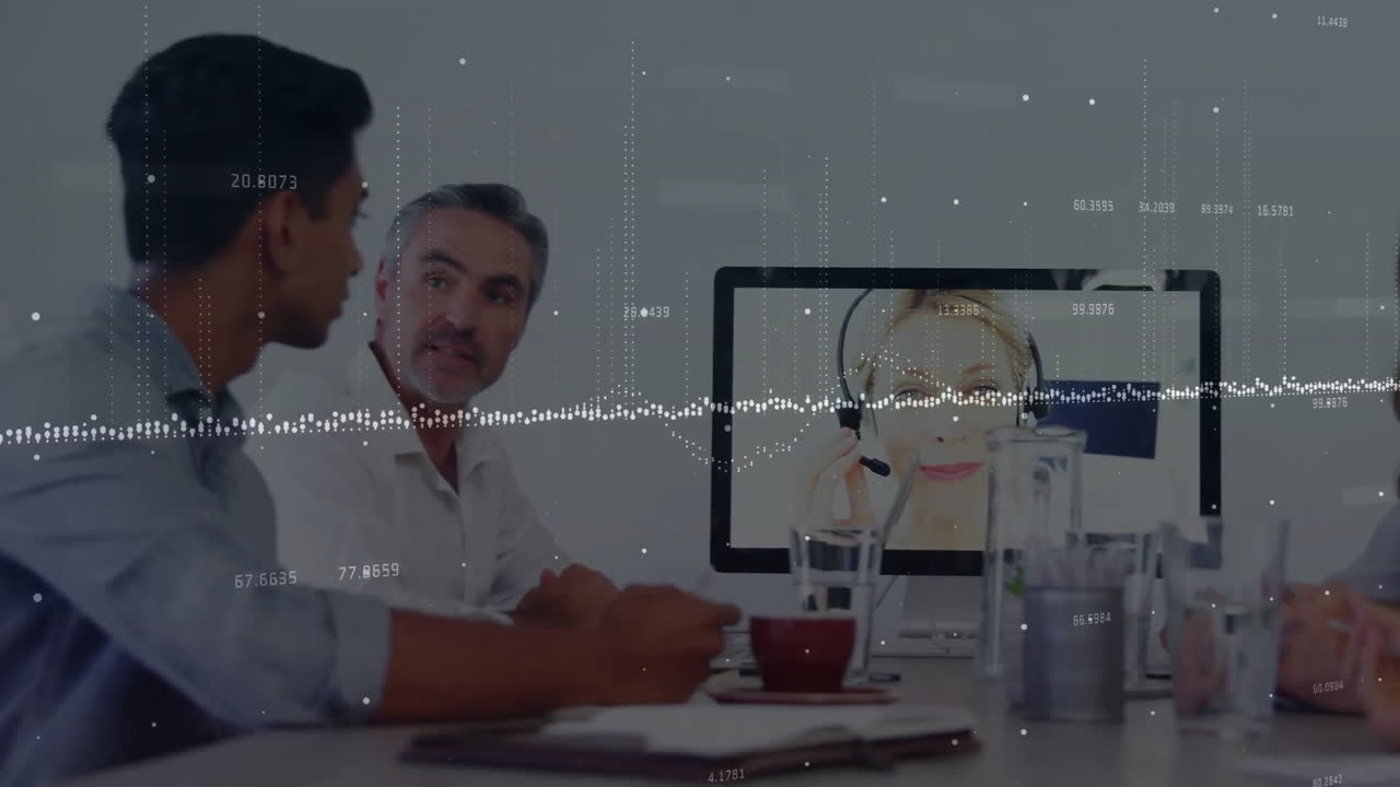 Animation of financial data processing over diverse business people in office