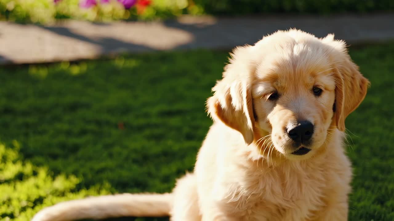 정원에서 골든 리트리버 강아지