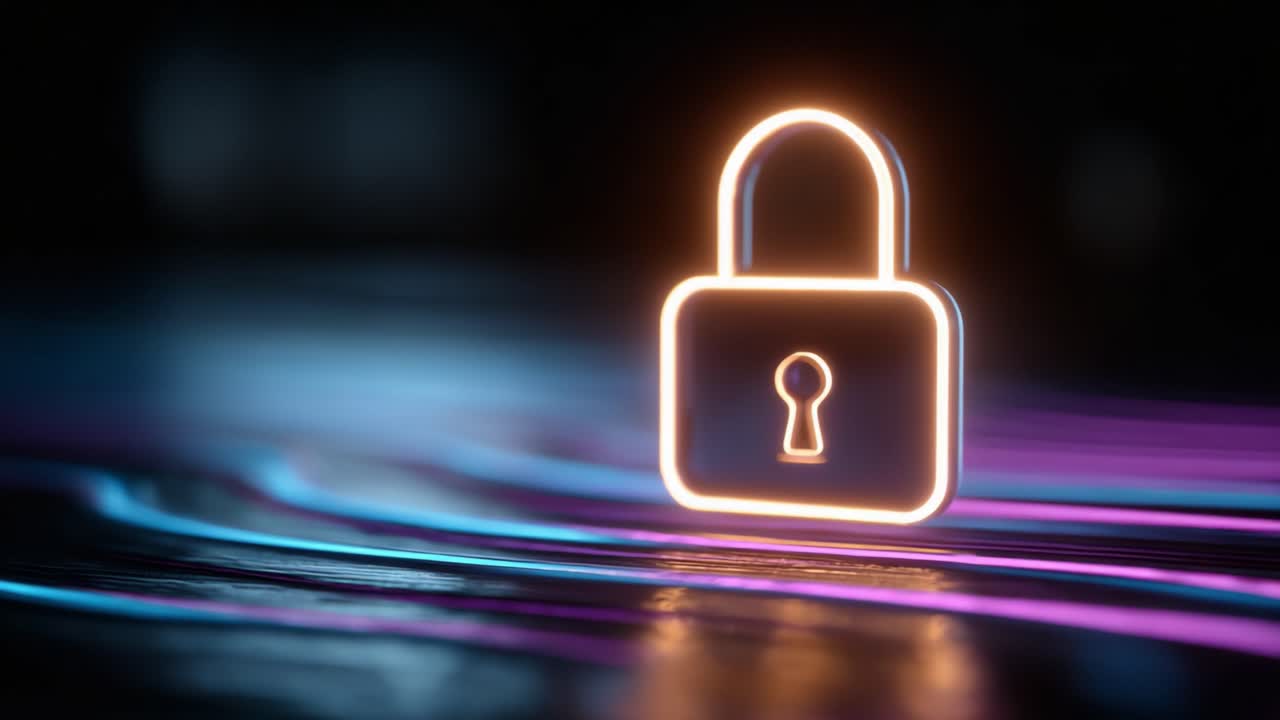 Illuminated lock symbol against a dark background, showcasing a blend of vibrant colors and futuristic designs, representing security and protection in a modern digital context