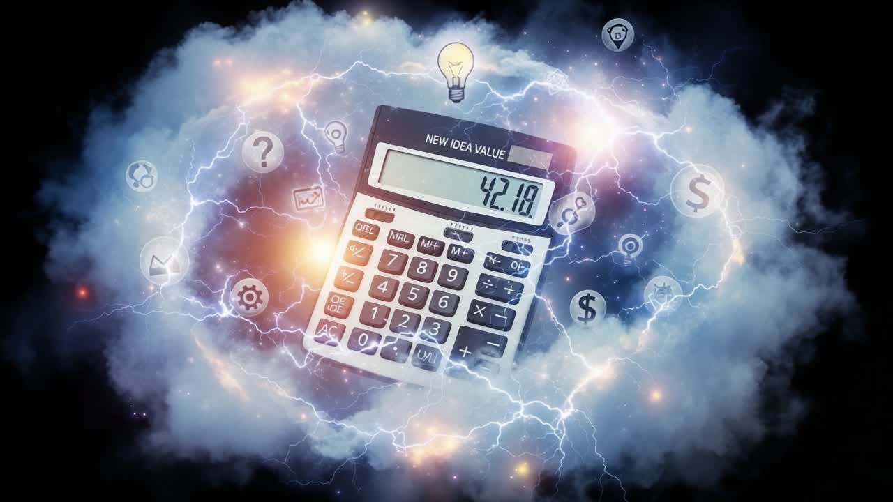 A Journey Through Numbers: Visualizing Calculation and Innovation as a Calculator Manifests Ideas Amidst an Electric Cloud of Power and Insight