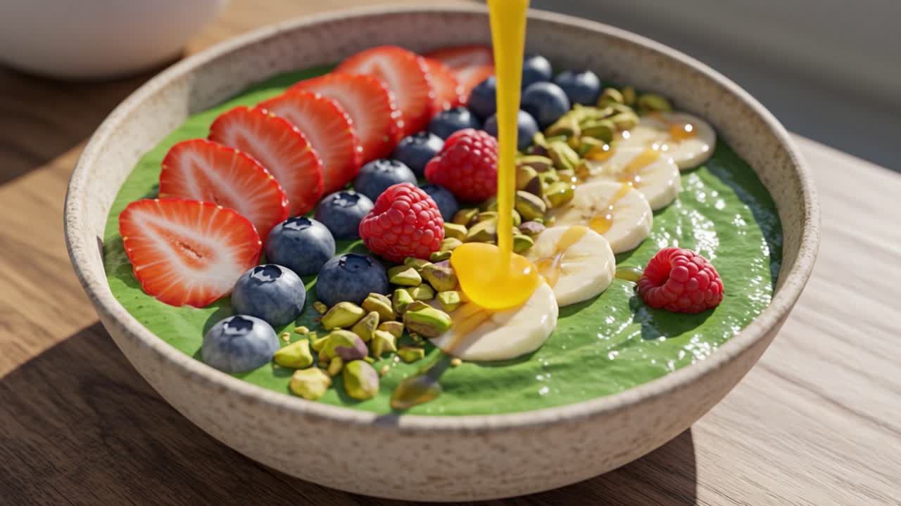 A Vibrant Bowl of Freshly Blended Green Smoothie Topped with Strawberries, Blueberries, Raspberries, Bananas, and Pistachios, Perfect for a Healthy Breakfast