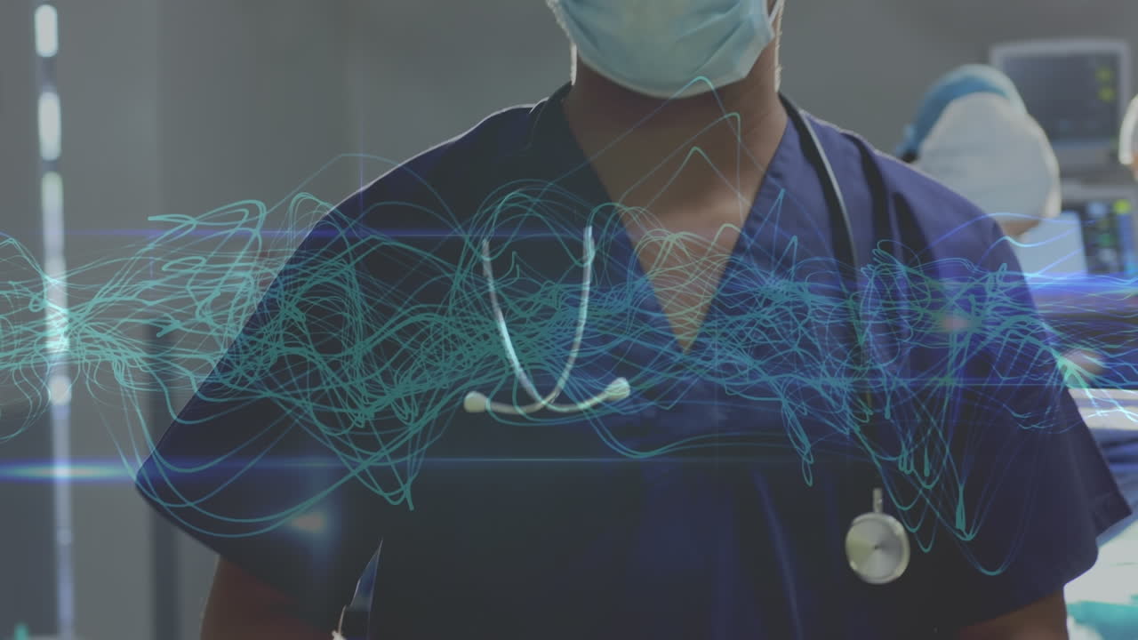 animação de ondas digitais azuis sobre o retrato de um cirurgião masculino biracial com máscara cirúrgica no hospital