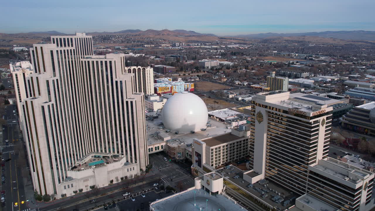 Aerial View of Reno Nevada USA Downtown Casinos and Hotels, Drone Shot