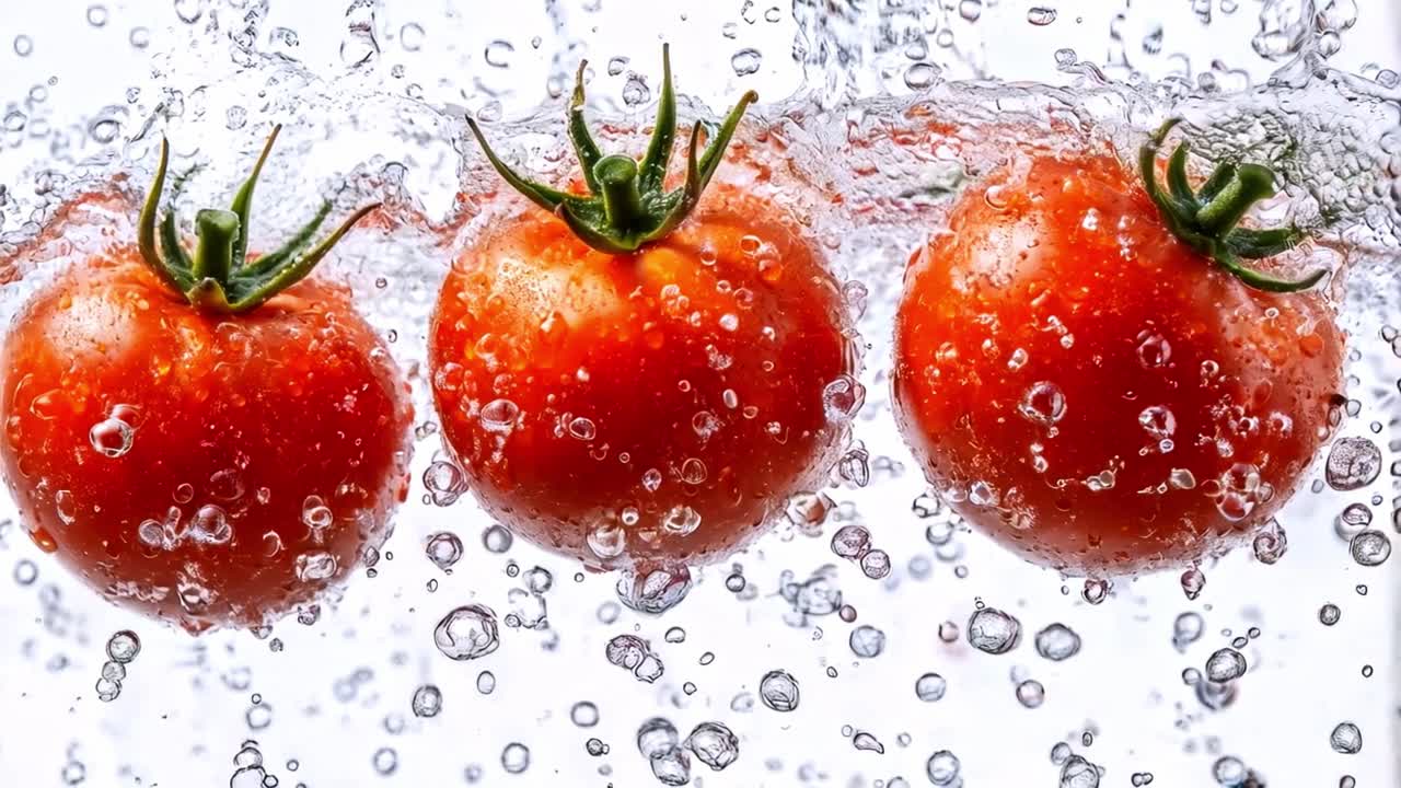 Three Fresh Tomatoes Splashing in Water with Bubbles
