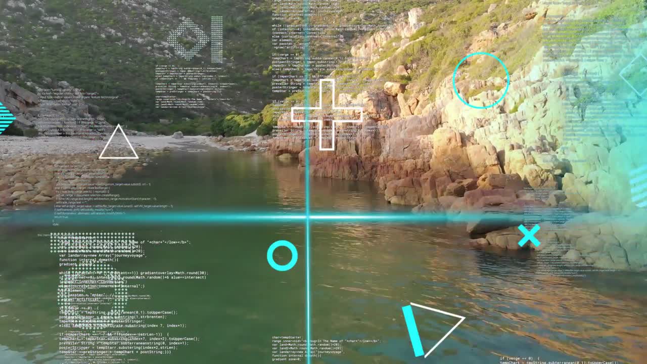 Cyan skannestråle avfyres fra HUD, steinete vik som viser AR-markører, panorerer fremover for å kartlegge kystlinjen