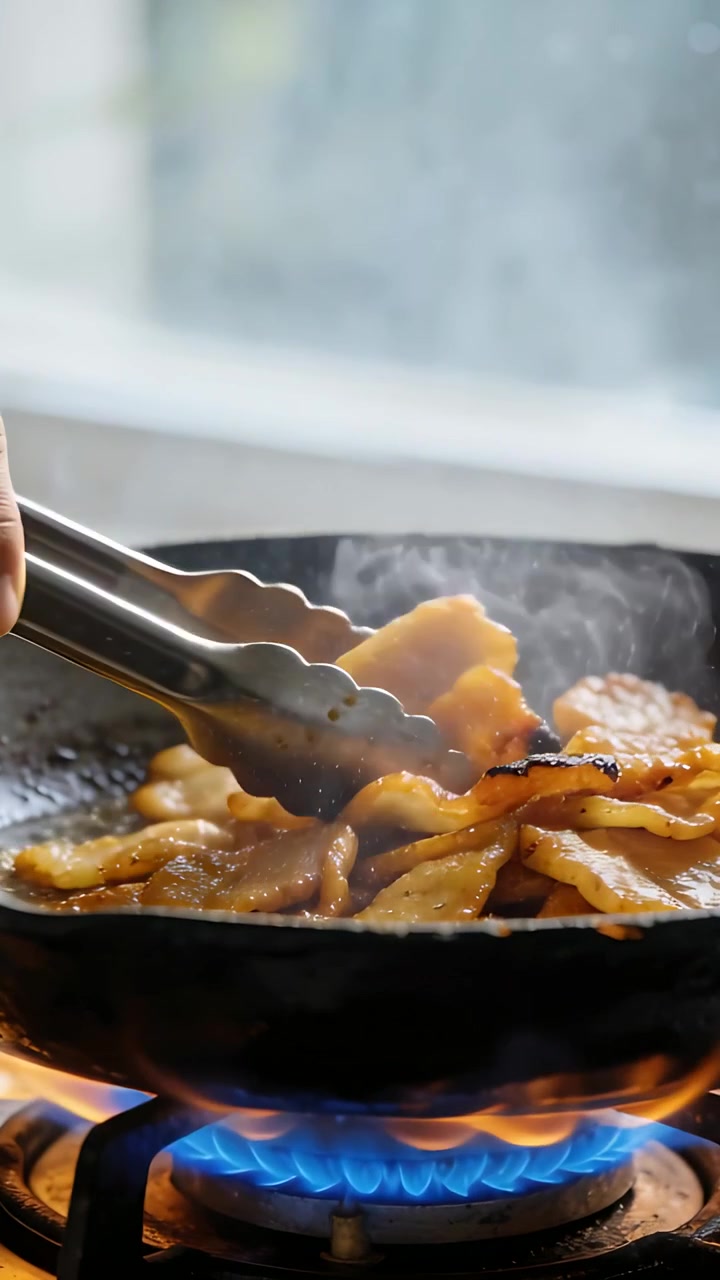 Vertical video: Frying meat slices in pan on blue flame in kitchen, tongs checking browning