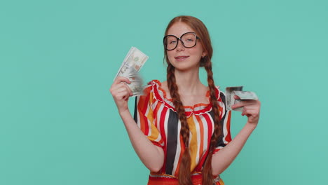 Redhead-girl-holding-cash-money-dollar-celebrate-dance,-success-business-career,-lottery-game-winner