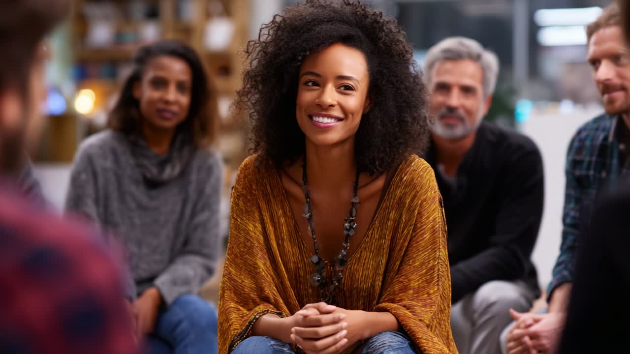 Engaging Group Discussion: A Warm and Inviting Environment Where a Confident Woman in an Orange Sweater Smiles Radiantly Among Friends in a Comfortable Setting Filled with Positive Energy and Connection