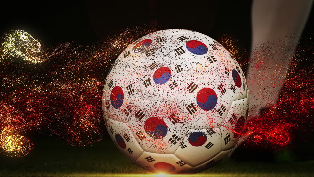 Animation of flag of korea and soccer player kicking football over shapes
