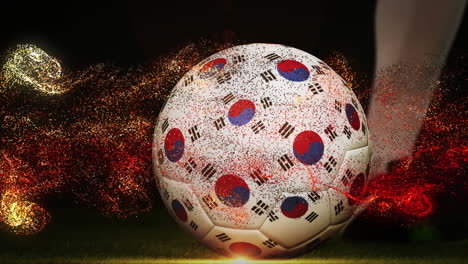 animation of flag of korea and soccer player kicking football over shapes