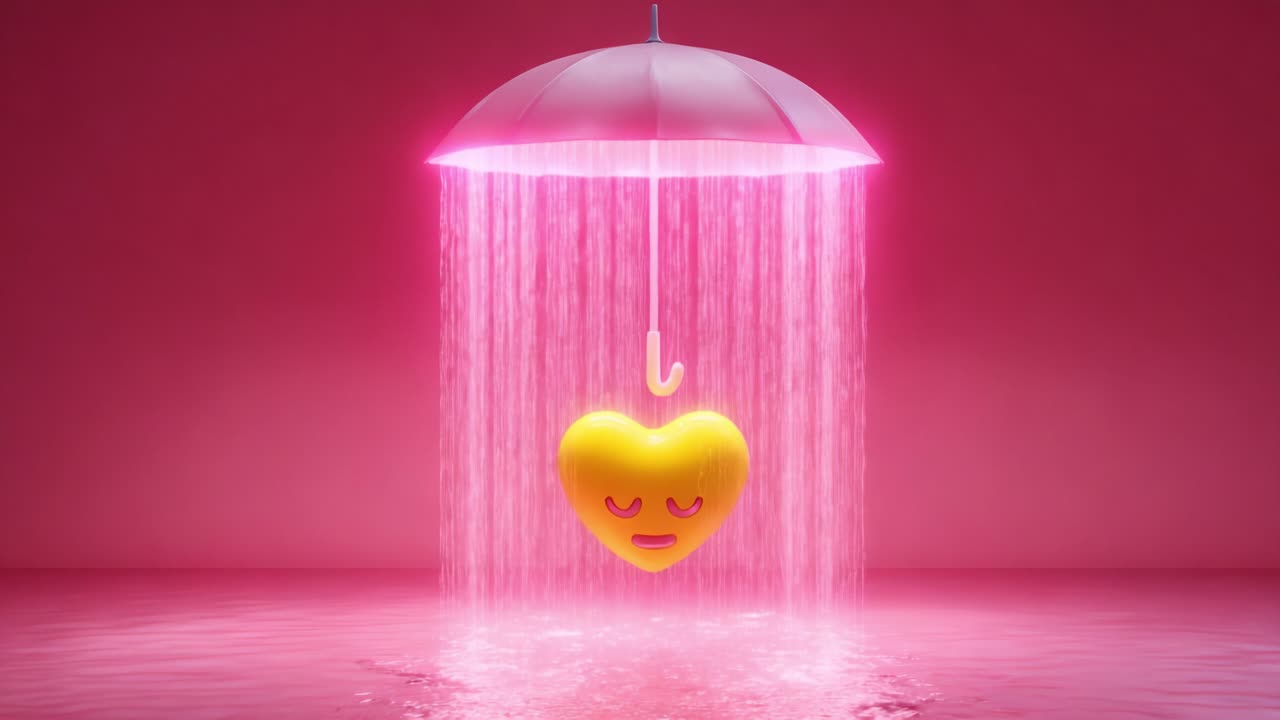 A whimsical illustration of a yellow heart emoji suspended under a white umbrella, with a striking pink backdrop and cascading water, evoking emotions of love and tranquility