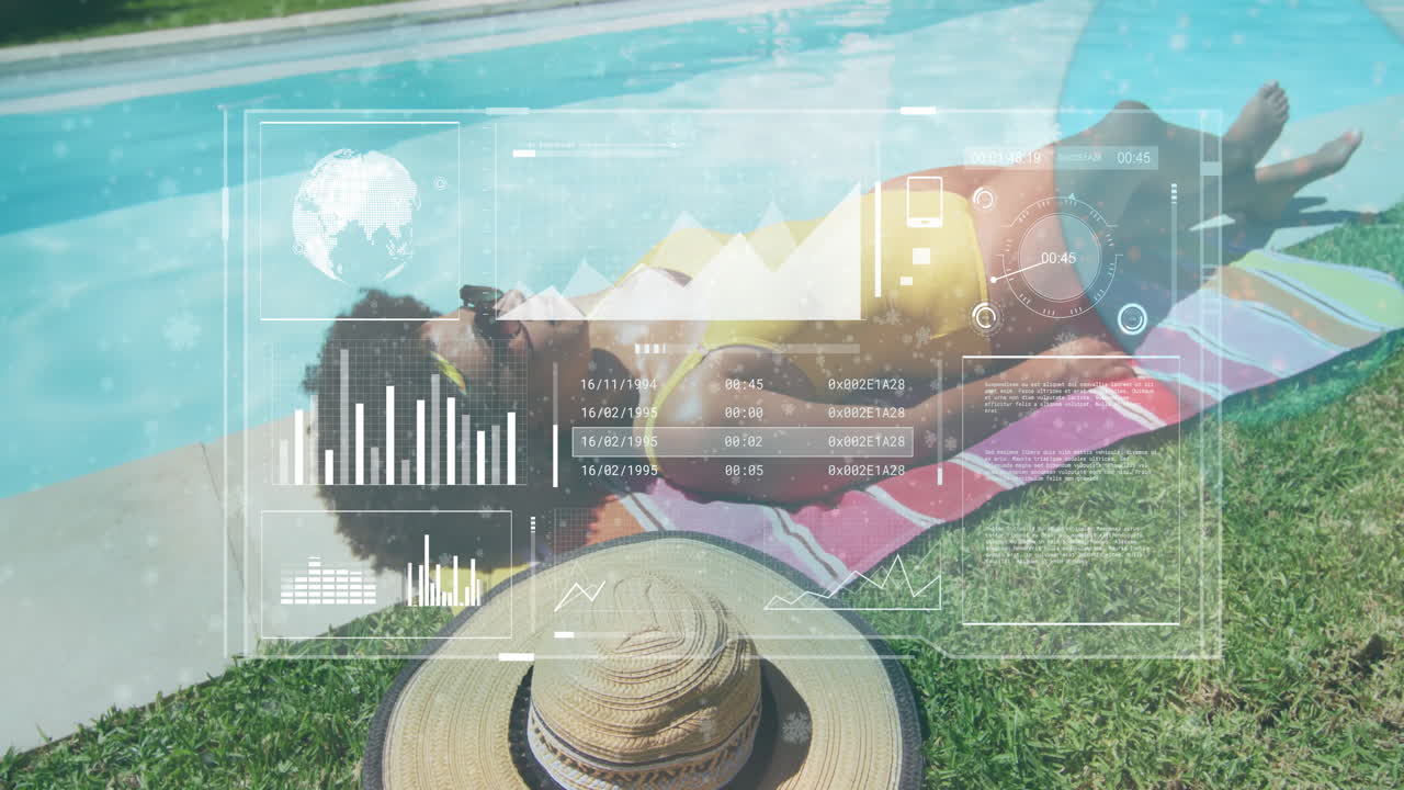 Sunbathing by pool, woman with data processing animation overlay, relaxing outdoors