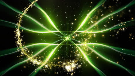 3d render glowing core generating green beams across cosmos casting swirling golden particle trail
