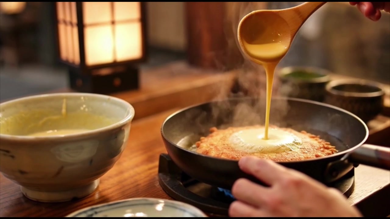 Chef versa il composto di uova su cotoletta fritta in padella