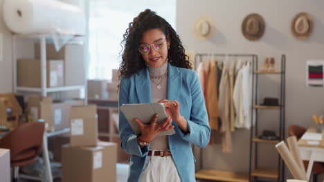 happy woman, startup or tablet for fashion